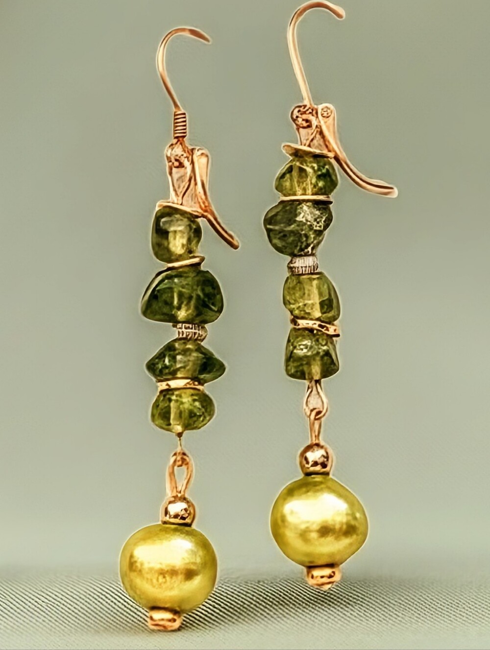 Genuine Arizona PERIDOT & Green Baroque Pearl In 18K Gold Plated Long Earrings